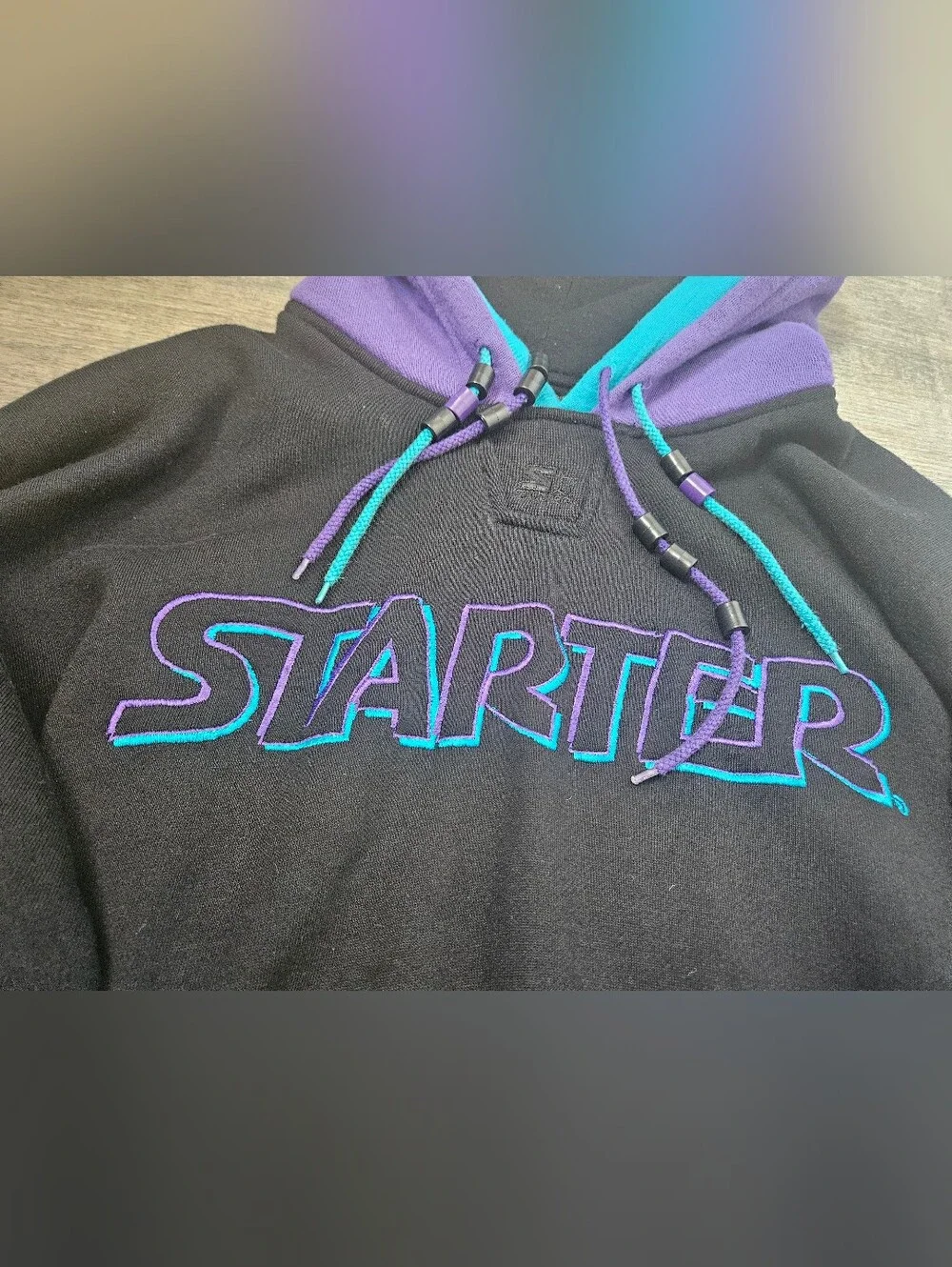 Rare Vintage 80s 90s Starter Color Block Hoodie Black Teal & Purple Size Medium